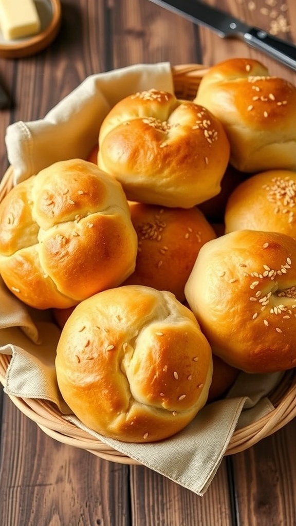 Air Fryer Dinner Buns Recipe A basket of golden air fryer dinner buns with sesame seeds, served with butter on a wooden table.